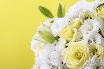 Obraz na płótnie Canvas Luxurious floral arrangement with lilies, roses, eustoma, chrysanthemum and hortensia flower.