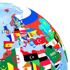 EMEA region on political globe with flags