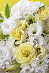 Luxurious floral arrangement with lilies, roses, eustoma, chrysanthemum and hortensia flower.