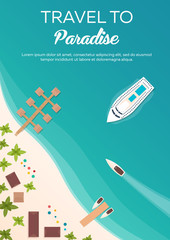 Colorful Travel to Paradise. Tropical beach. Cruise liner. Best cruise. Vector flat banner for your business.