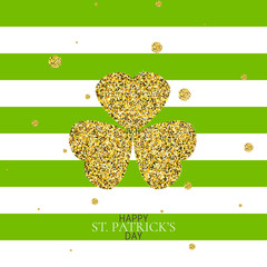 St. Patrick's Day symbol. Creative shamrock leaf for Irish holiday celebration. Gold clover made of sparkling confetti on stripped white and green background. Card template. Vector illustration.