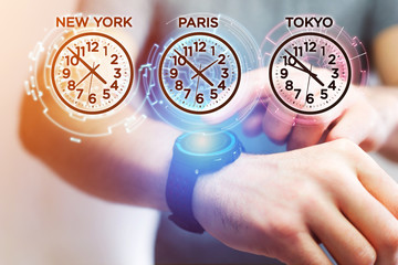 Jet lag concept with different hour time over a smartwatch