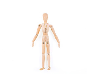 Figurine of a wooden little man on a white isolated background