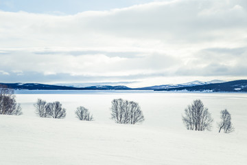 A beautiful landscape of a frozen lake in a snowy Norwegian winter day