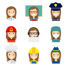 Set of female workers in uniform style icons with flat faces. Avatar professions
