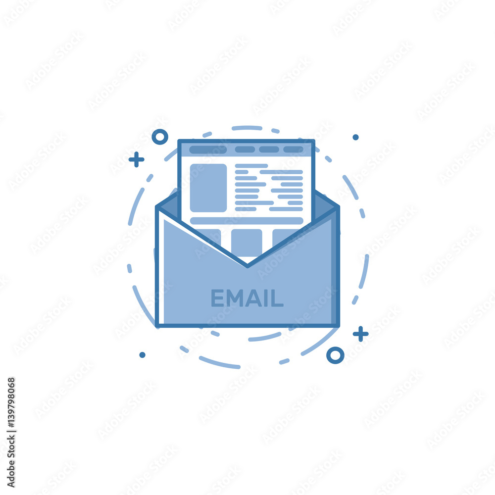 Aufkleber vector illustration of filled bold outline open envelop with web page icon.