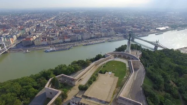 Aerial view of Liberty statue at Gellert hill in Budapest.
