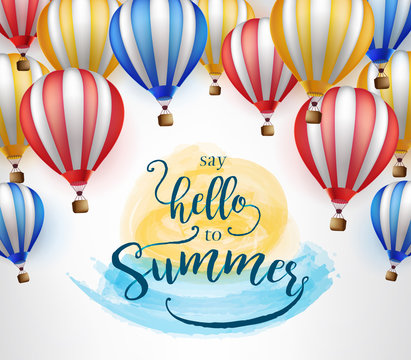 Flying Hot Air Balloon with Say Hello to Summer Message on Orange and Blue Water Color Paint Vector Illustration
