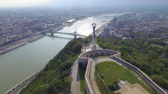 Aerial view of Liberty statue at Gellert hill in Budapest.