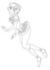 cartoon young girl is running or jumping and looking coloring page