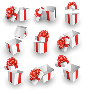Set Collection of White Celebration Gift Boxes with Red Bows Iso