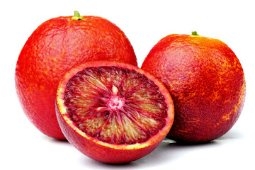 Ripe blood orange juicy on isolated white background