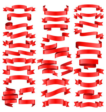 Set of Red Celebration Curved Ribbons Variations Isolated on Whi