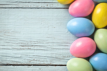 easter eggs on blue wood background