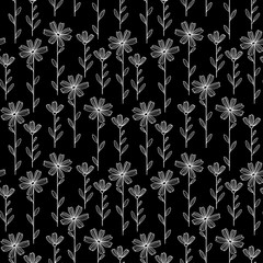 Fototapeta premium Seamless pattern made of decorative flowers chamomile , nature of wild field and meadow. Vector sketch on black background.