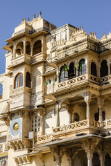 Fototapeta na wymiar Part of City Palace with artful facade, Udaipur, Rajasthan, India