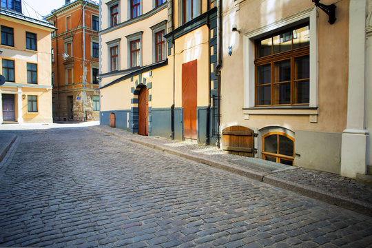 Fototapeta Street without people early in the morning. Europe. Riga