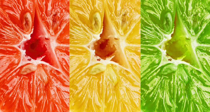 Abstract background with citrus-fruit of lemon, grapefruit an lime slices. Close-up. Studio photography.Macro.Tricolor RRGB