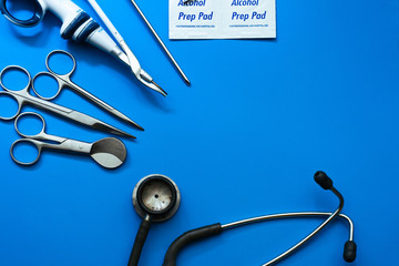 Medical concept, top view showing hospital instrument