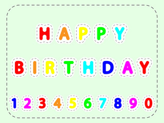 flat colorful vector lettering of happy Birthday and numerals in the frame of lines