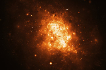Fototapeta na wymiar Bright nebula. Abstract shining sparks on black background. Fantasy fractal design in orange colors. Digital art. 3D rendering.
