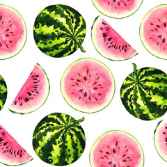 Afwasbaar Fotobehang Watermeloen Gestreepte watermeloenen en gesneden plakjes, naadloze patroon handgeschilderde aquarel illustratie