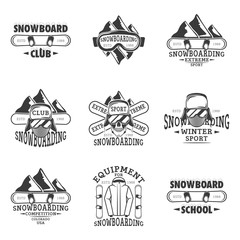 Snowboarding, extreme sport, equipment for snowboard,snowboard club, school set of vector vintage emblems, labels, badges and logos in monochrome style on white background