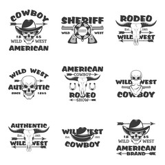 Wild west, rodeo show, sheriff, cowboy set of vector vintage emblems, labels, badges and logos in monochrome style on white background