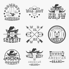 Wild west, rodeo show, sheriff, cowboy set of vector vintage emblems, labels, badges and logos in monochrome style on white background