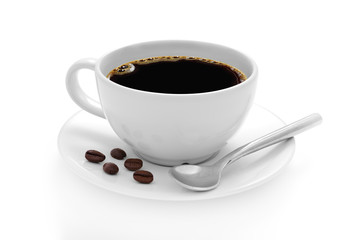 Cup of coffee with coffee beans isolated on white background