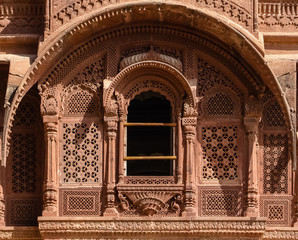 Detail view of a window with arch, Mehrangarh Fort, Jodhpur, Rajasthan, India 