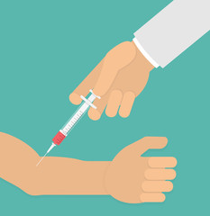Blood testing concept. Hand taking blood sample with a hypodermic needle.  Flat design