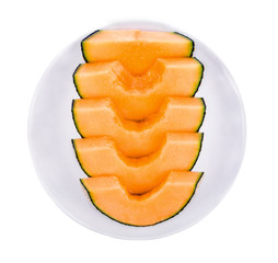 Naklejka na ściany i meble cantaloupe melon slices on plate isolated on white background