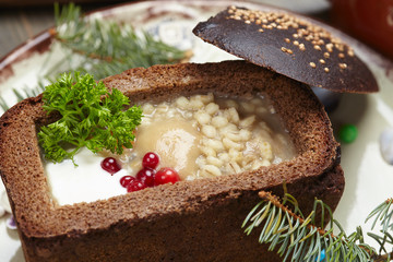 soup served in a bread bowl