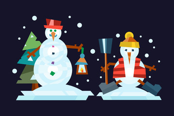 Winter holidays snowman cheerful character in cold season costume and snow xmas celebration greeting december joy ice icon vector illustration.