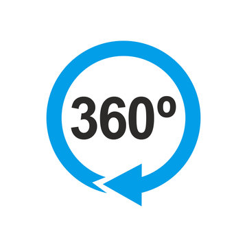 Icono plano 360 gris con flecha circular azul en fondo blanco