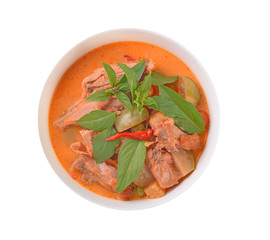 Kaeng Pled Ped Yang (Roasted Duck in Red Curry), Popular Thai food , Top view On white background