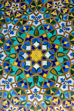 oriental background, Moroccan mosaic tile, ceramic decoration of Hassan II Mosque, Casablanca, Morocco