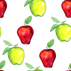 Green and red apples with leaves, seamless pattern design hand painted watercolor illustration