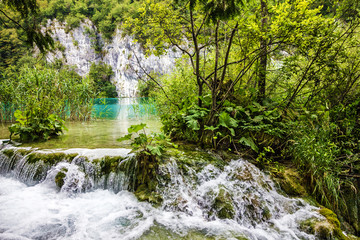 Waterfall of Plitvice lake, Croatia natural travel background, national park