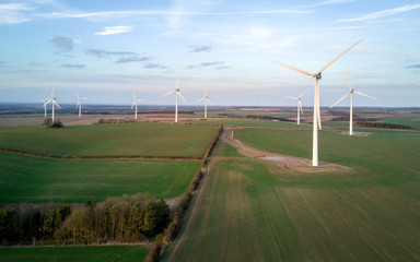 Wind farm in rural England. Aerial view of windmills in a modern wind farm in rural Cambridgeshire, England.