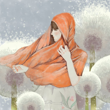 Girl and Dandelion. Video Game's Digital CG Artwork, Concept Illustration, Realistic Cartoon Style Background
