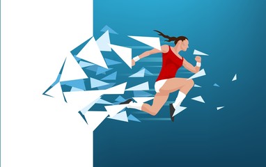 Illustration of an athlete woman breaking throug a wall symbolizing reach of boundaries, accomplishment and success