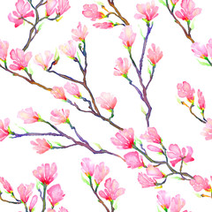 Pink magnolia branches, seamless pattern design hand painted watercolor illustration