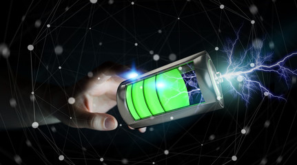 Woman touching 3D render battery with lightning with her finger