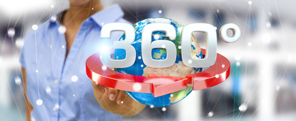 Woman touching 360 degree 3D render icon with her finger
