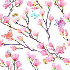 Pink magnolia branches with butterflies, bugs, ladybugs and bees, seamless pattern design hand painted watercolor illustration