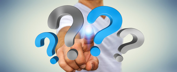 Businessman touching question marks in his hand 3D rendering
