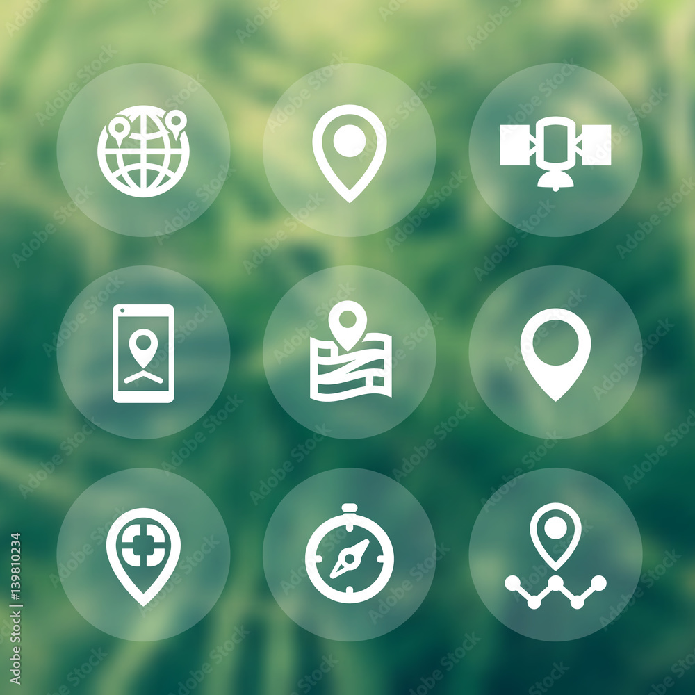 Poster navigation icons, location marks, map pointers, vector signs