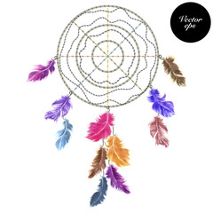 Vector illustration of a dream catcher with watercolor feathers